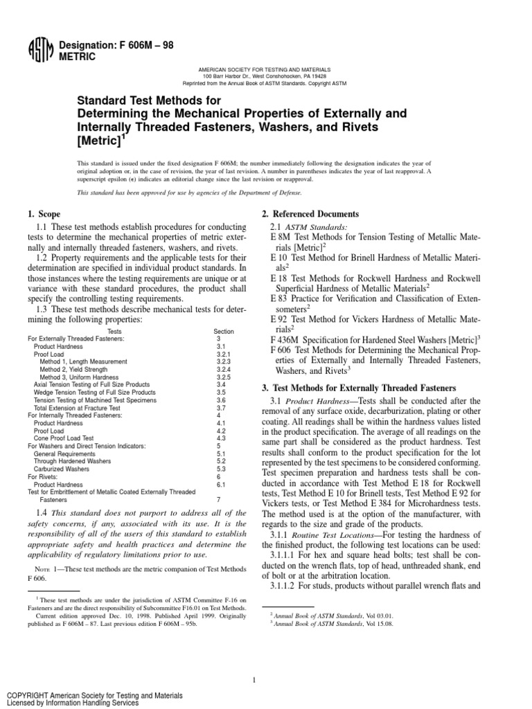 ASTM F606 Standard Test Methods For Determining The Mechanical Properties of Externally and