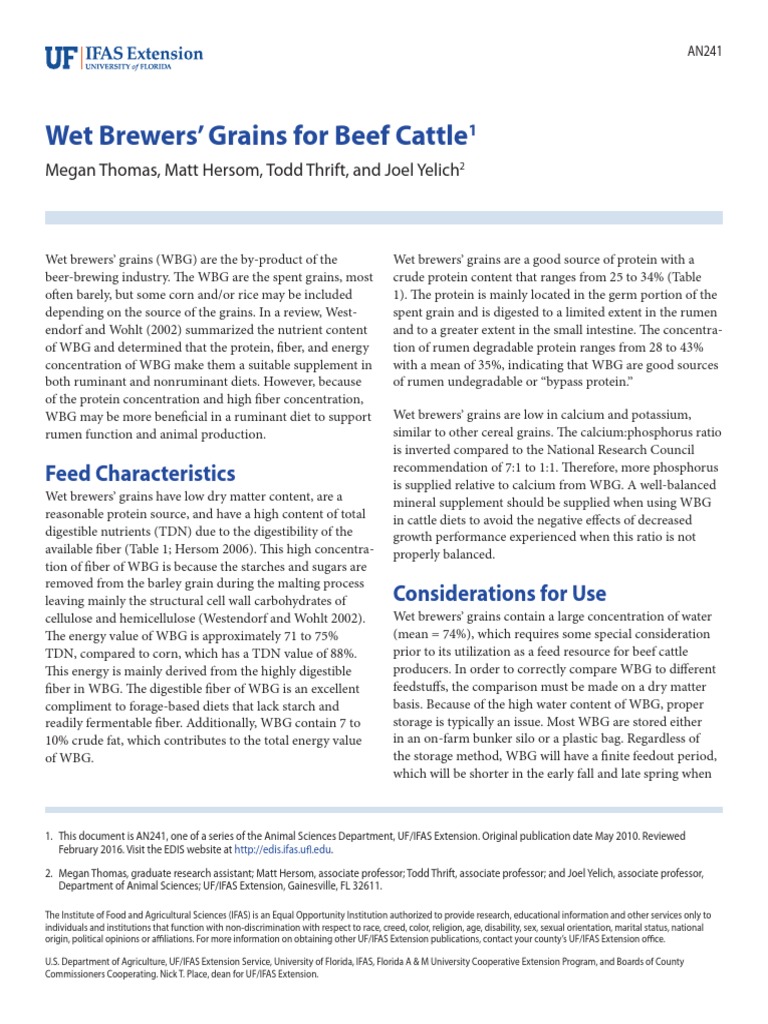 Wet Brewers' Grains For Beef Cattle Feed Characteristics PDF