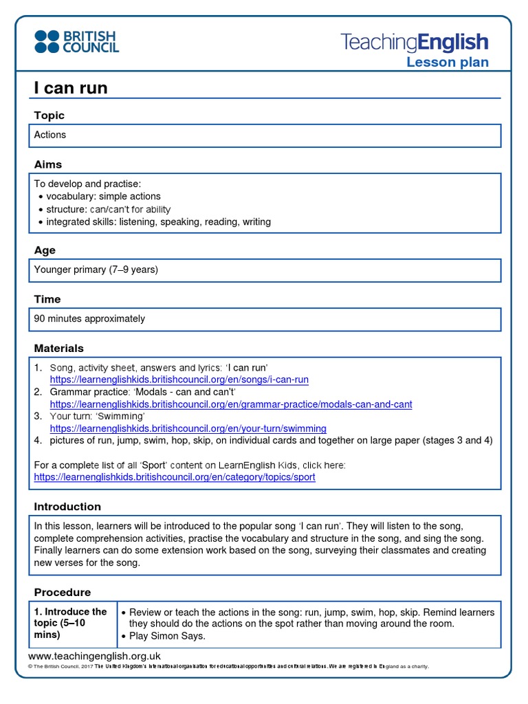 Teaching Kids Songs I Can Run | PDF | Lesson Plan | Reading Comprehension