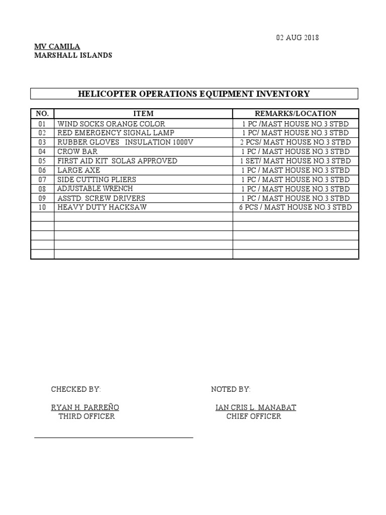 Helicopter Equipment Inventory List | PDF