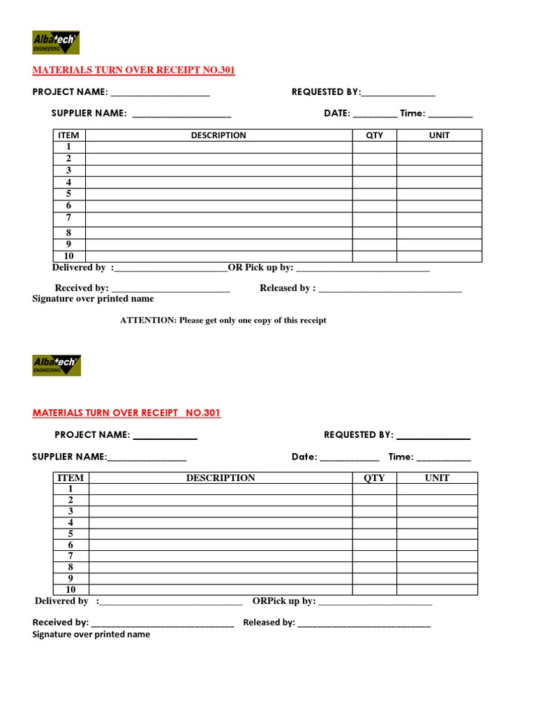 Materials Turn Over Receipt Sample | PDF | Business | Finance & Money ...