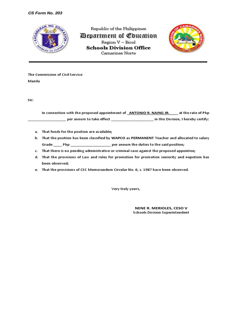 CSC Form No. 203 for Teacher Appointment | PDF