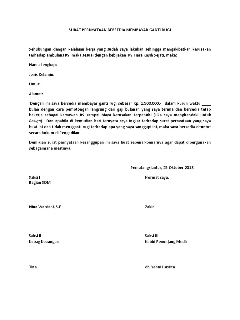 Surat Pernyataan Bersedia Membayar Ganti Rugi