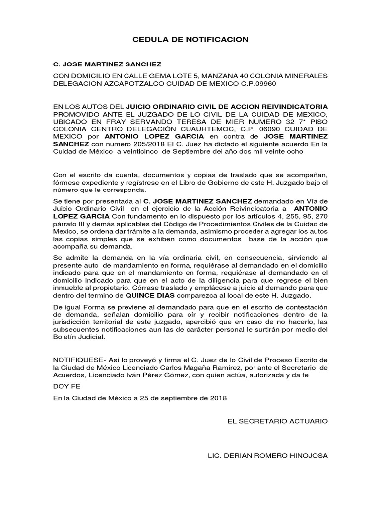 Cédula de Notificación Judicial Civil | PDF | Ciudad de México ...