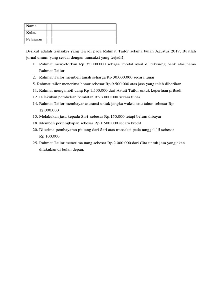 Berikut Adalah Transaksi Yang Terjadi Pada Astuti Tailor Selama Bulan Maret 2017 Docx