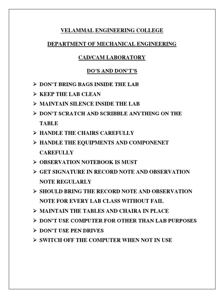 Velammal Engineering College Department of Mechanical Engineering Cad/Cam Laboratory Do'S and