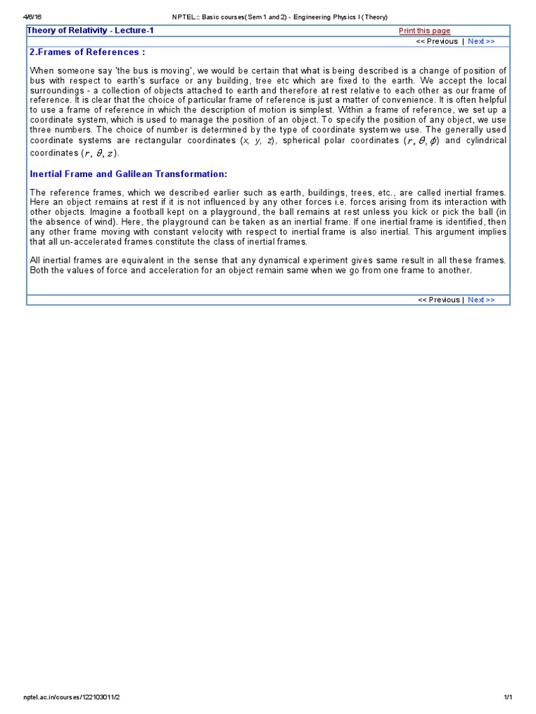 Engineering Physics I: Theory of Relativity | PDF | Coordinate System ...