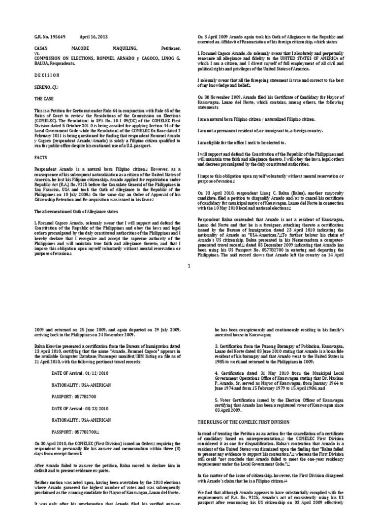 G r no 195649 maquiling vs comelec pdf united states nationality