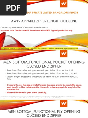 AW19 Apparel Zipper Opening and Zipper Length Guideline