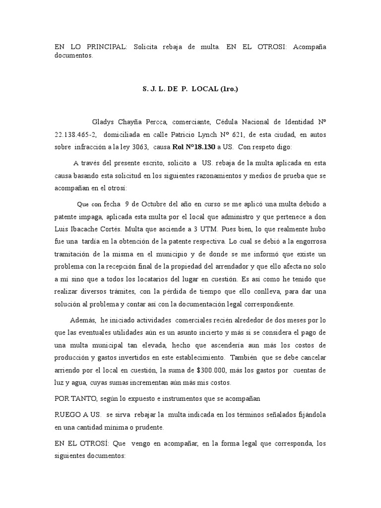 Escrito Rebaja Multa Policia Local