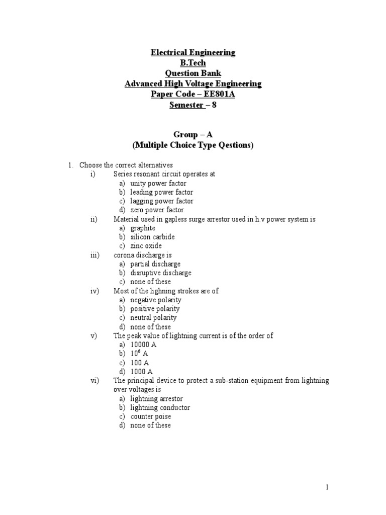 Electrical Engineering B.Tech Question Bank Advanced High Voltage