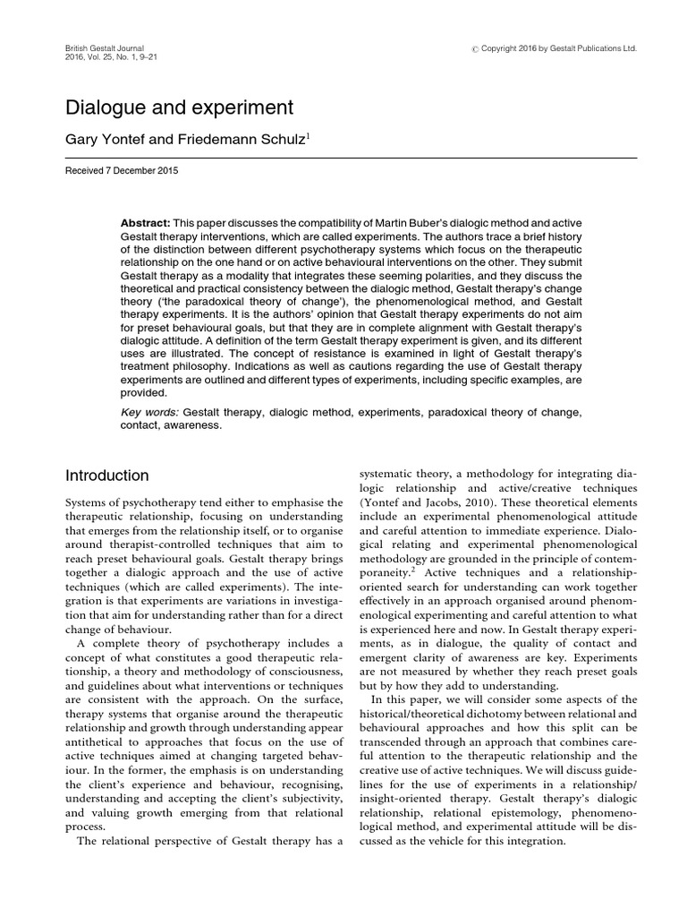 Dialogue and Experiment PDF | PDF | Gestalt Therapy | Psychotherapy