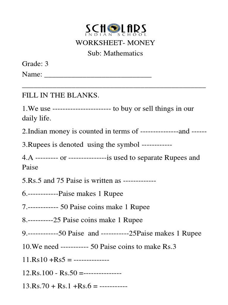 jeHR7q - HMW - 1486899278 - WORKSHEET GRADE 3 MONEY PDF | PDF | Rupee