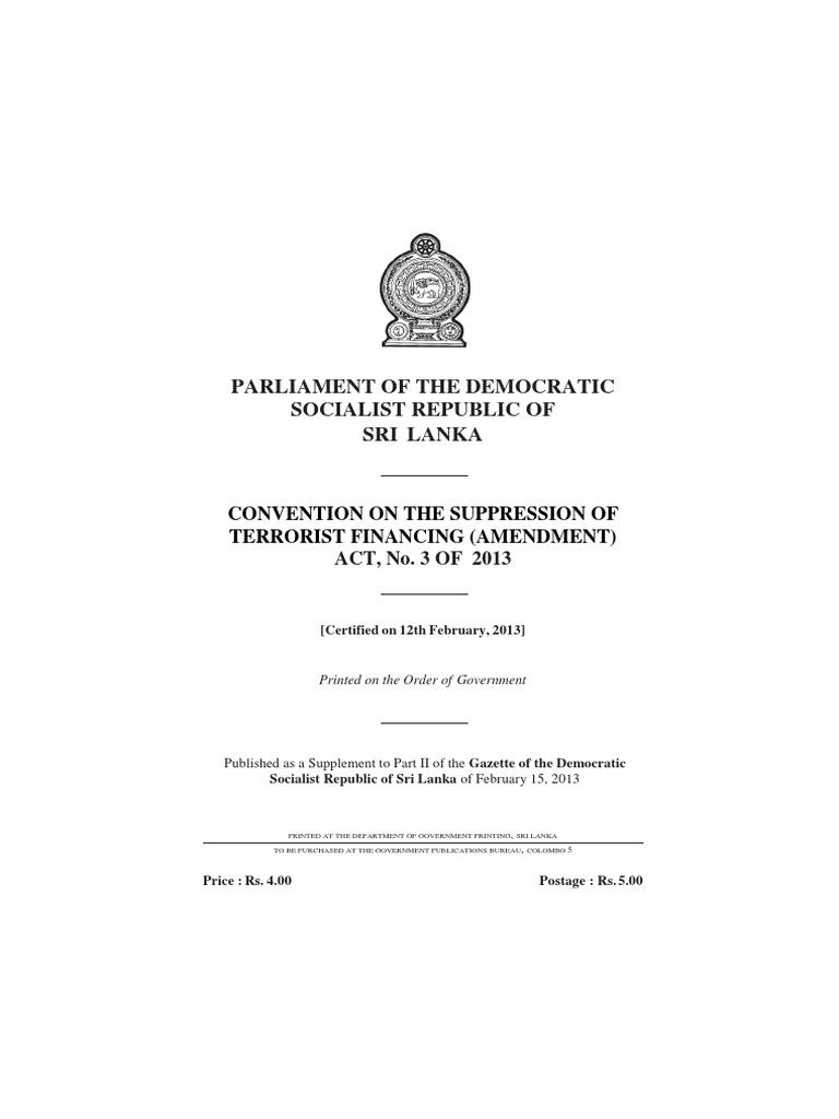 Convention of The Suppression of Terrorist Financing (Amendment) Act