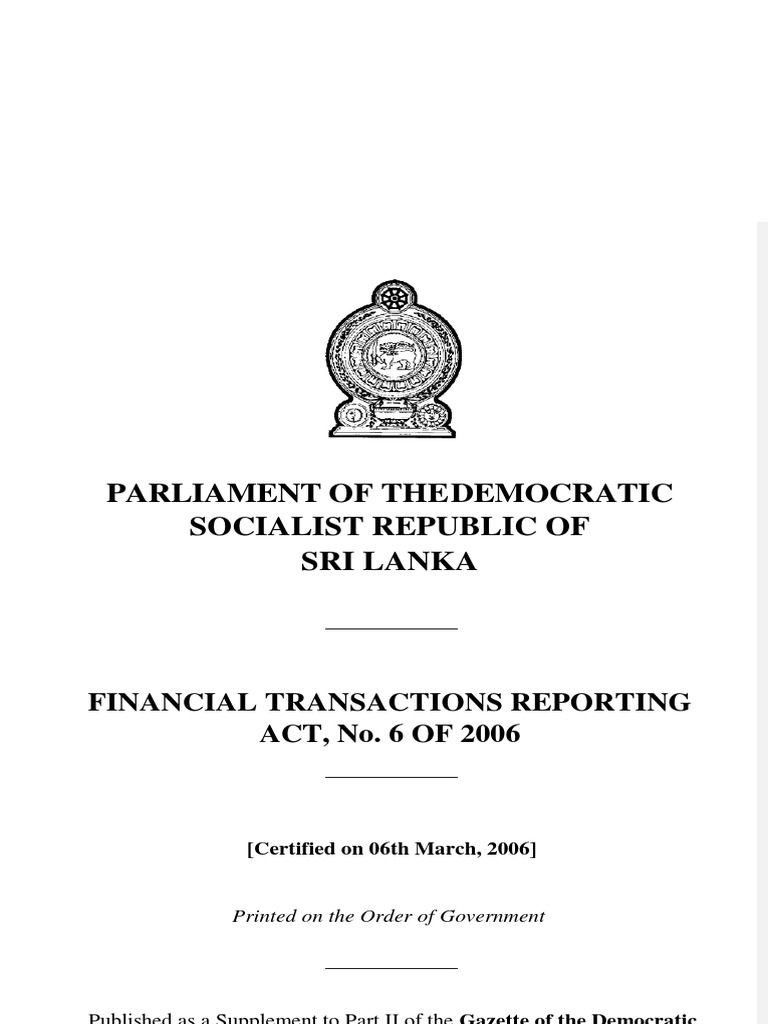 Financial Transactions Reporting Act Sri Lanka Money Laundering Regulatory Compliance