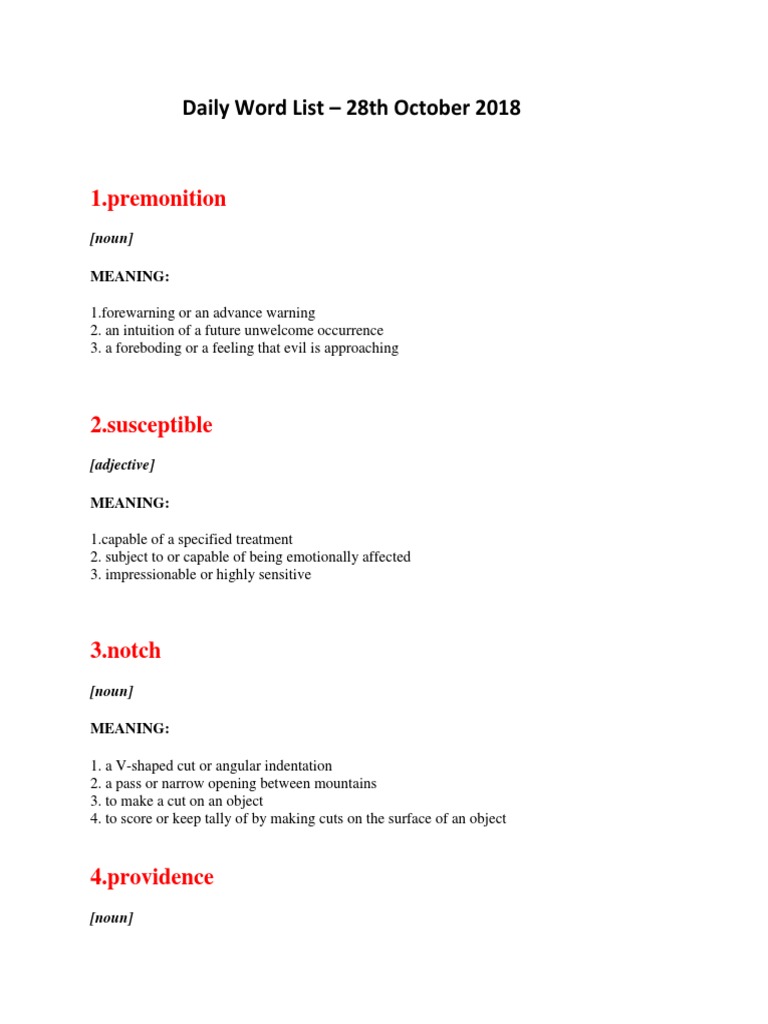 Daily Vocabulary List - October 28, 2018 | PDF