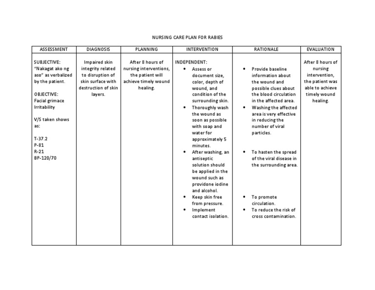 Nursing Care Plan For Rabies | PDF | Wound | Rabies