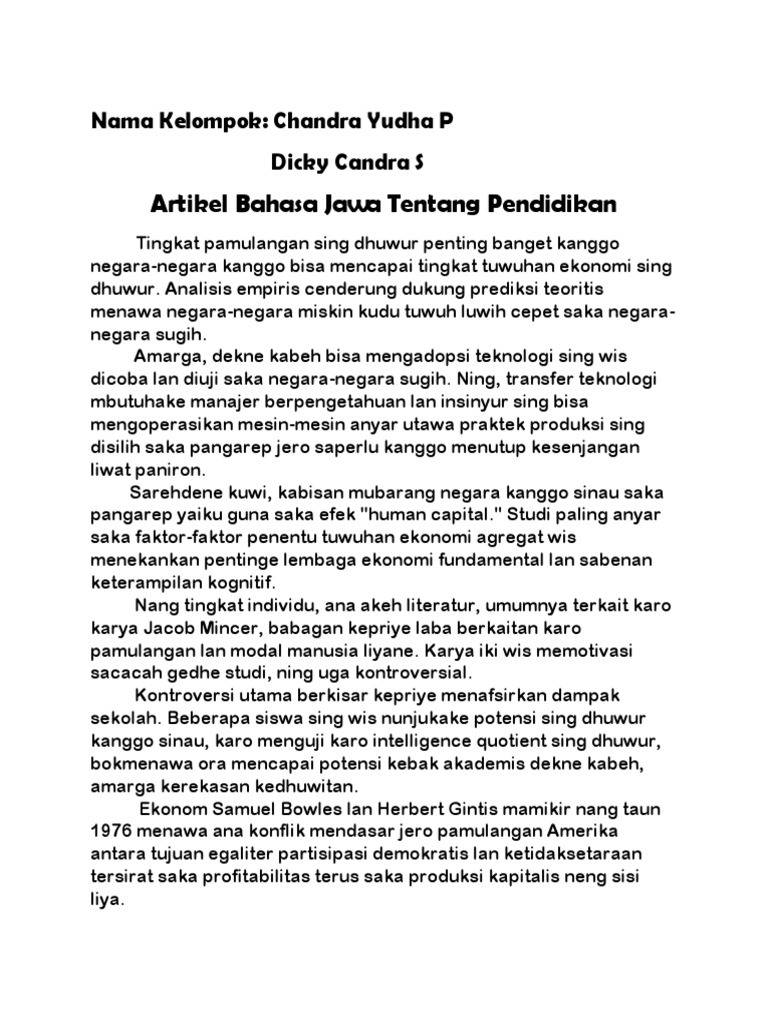 Artikel Bahasa Jawa Tentang Pendidikan Nama Kelompok Chandra Yudha P Dicky Candra S