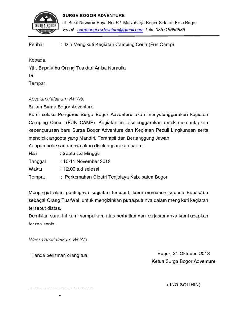 Contoh Surat Izin Orang Tua Untuk Mengikuti Kegiatan Camg Nusagates