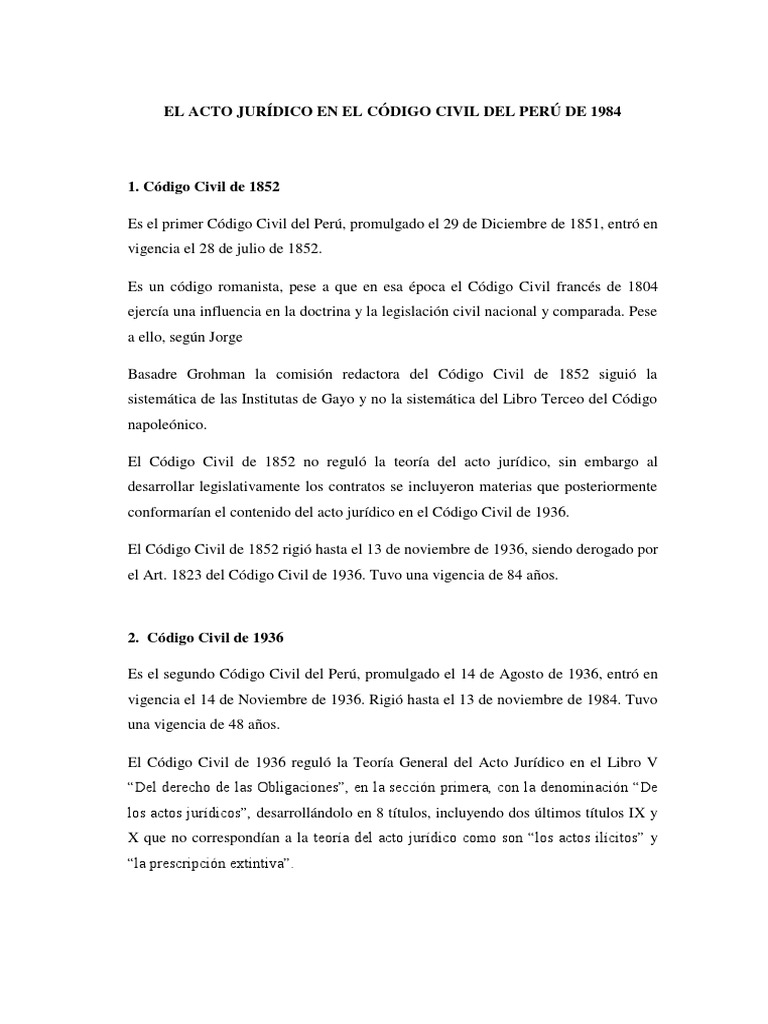 Acto Jurídico en el Código Civil Peruano 1984 | PDF | Instrumento ...