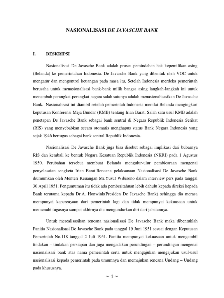 Nasionalisasi De Javasche Bank Masa Demokrasi Liberal
