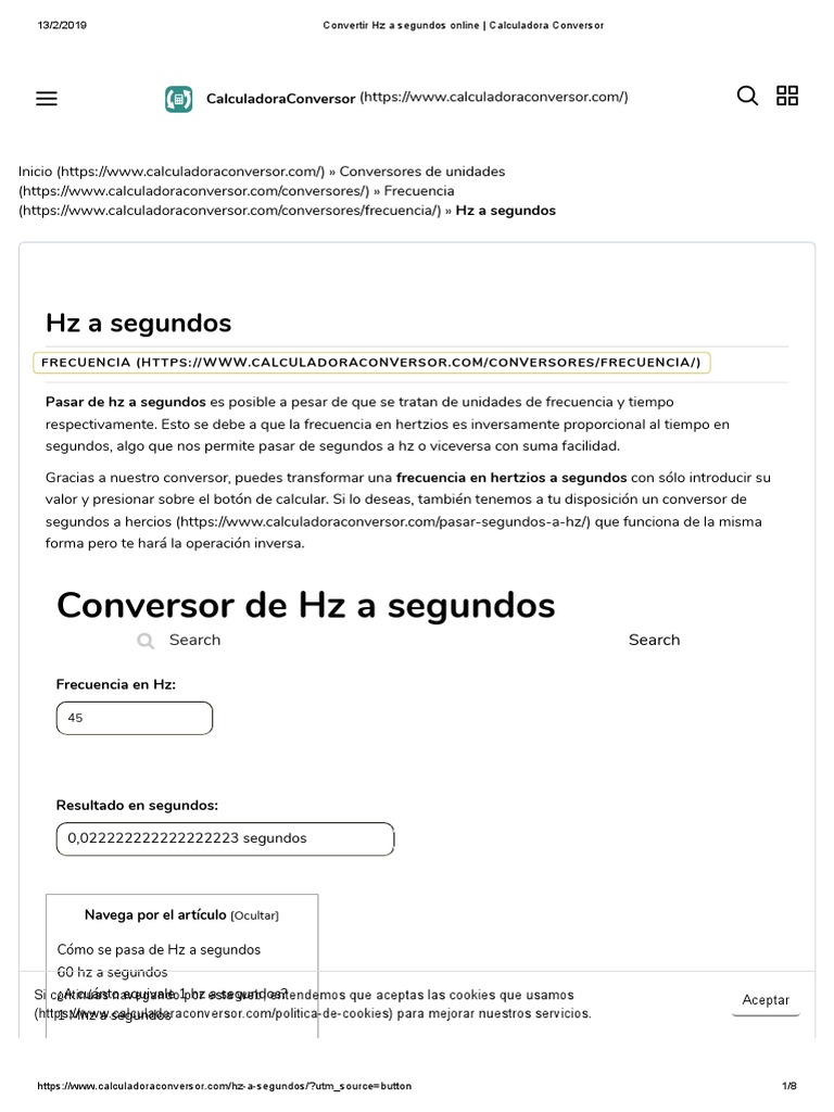 Convertir HZ A Segundos Online Calculadora Conversor PDF