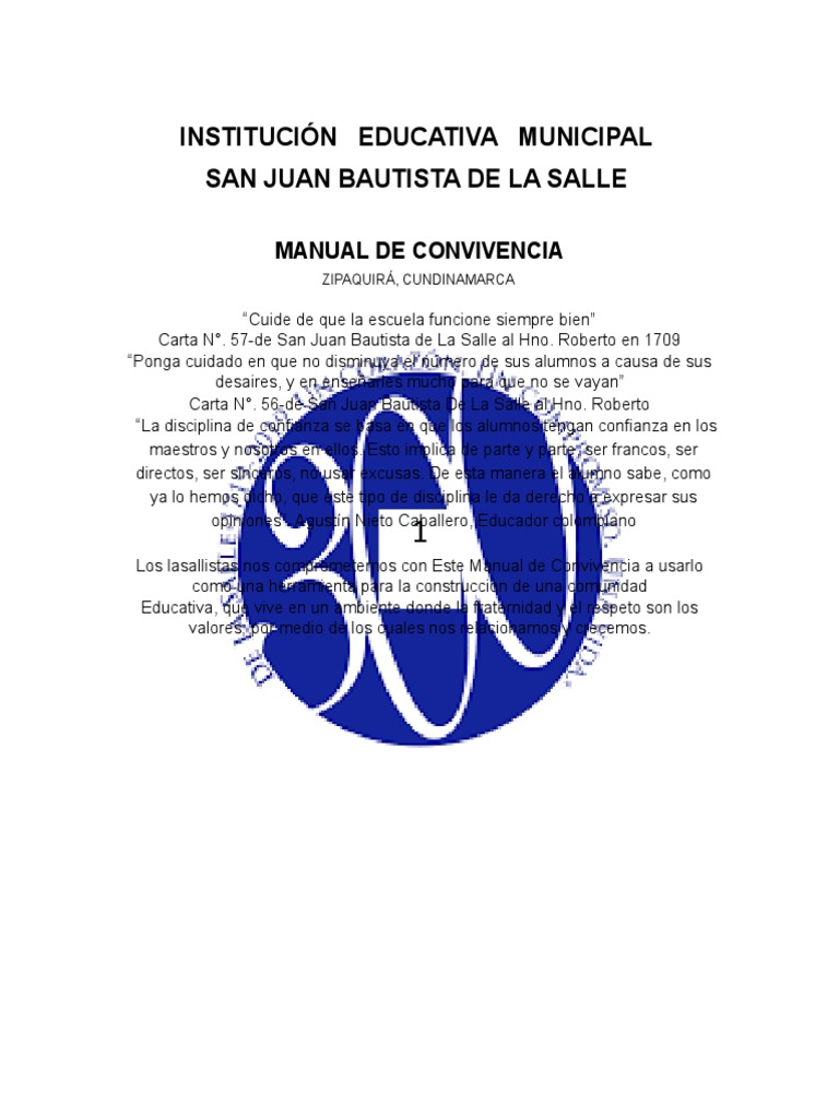IEM SAN JUAN BAUTISTA DE LA SALLE Manual de Convivencia 2019 | PDF ...