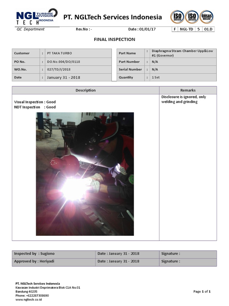 Pt. Ngltech Services Indonesia: Final Inspection | PDF