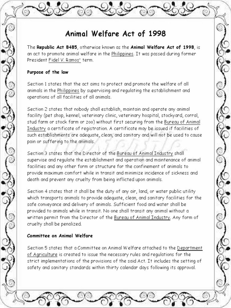 Animal Welfare Act of 1998 Purpose of the law Animal Welfare