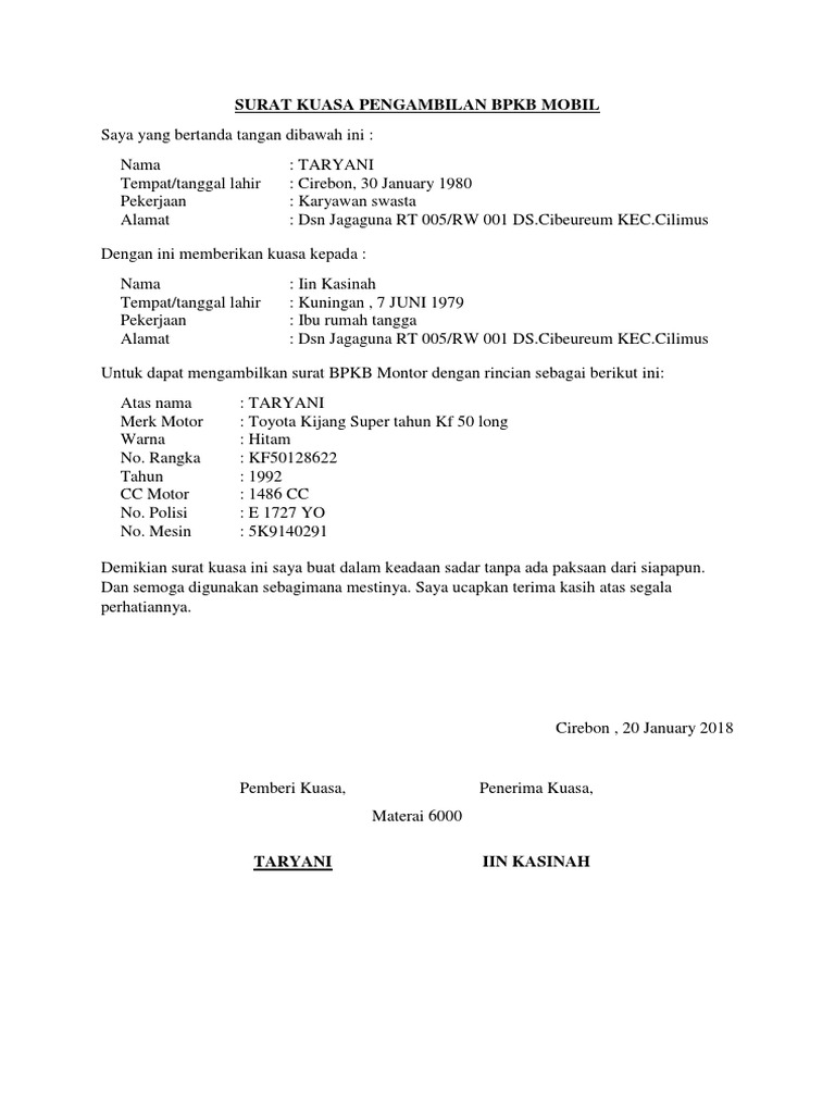Contoh Surat Kuasa Pengambilan Bpkb Motor