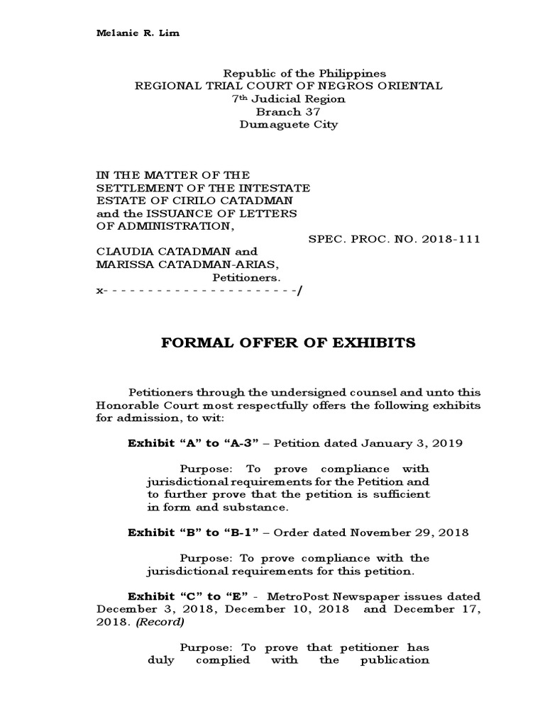 Formal Offer of Exhibits Judiciaries Government