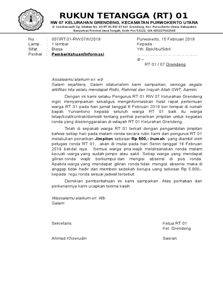 19+ Contoh Surat Pemberitahuan Iuran Bulanan Warga