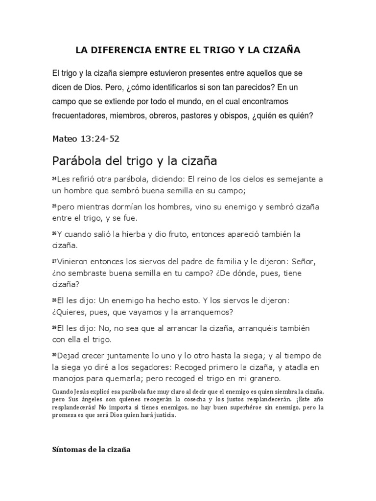 La Diferencia Entre El Trigo y La Cizaña | PDF | Parábolas de Jesús | Jesús