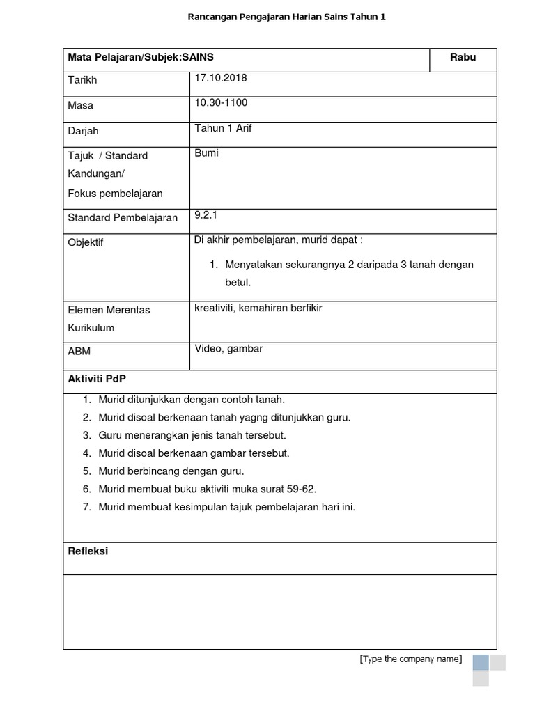 Rph Sains Tahun 1 Minggu 32 Tanah Pdf