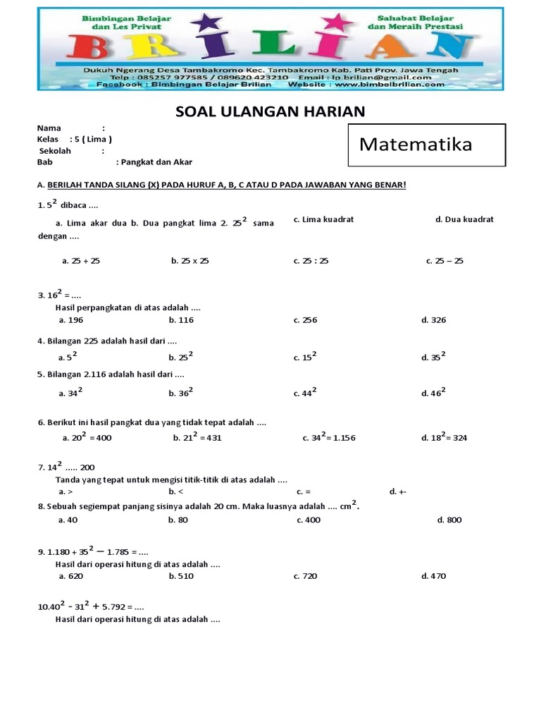 Soal Akar Pangkat 2 Kelas 4 Sd Pdf Download File Guru