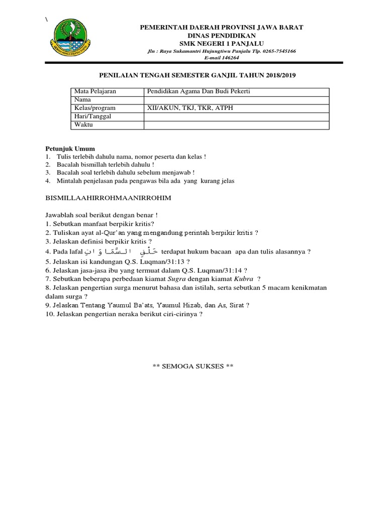 Soal Uts Pai Xii Sept 2018 2019 Pdf