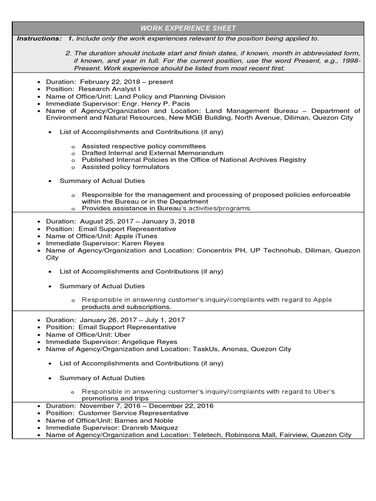 Work Experience Sheet PDF Business