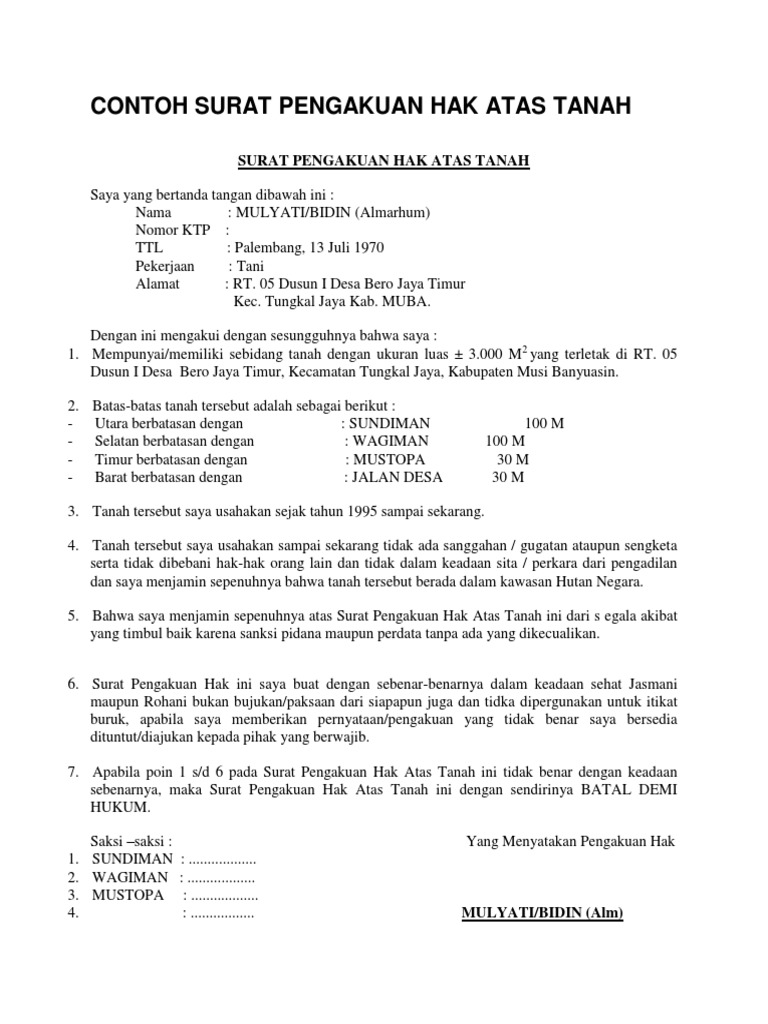 Contoh Surat Pengakuan Hak Atas Tanah