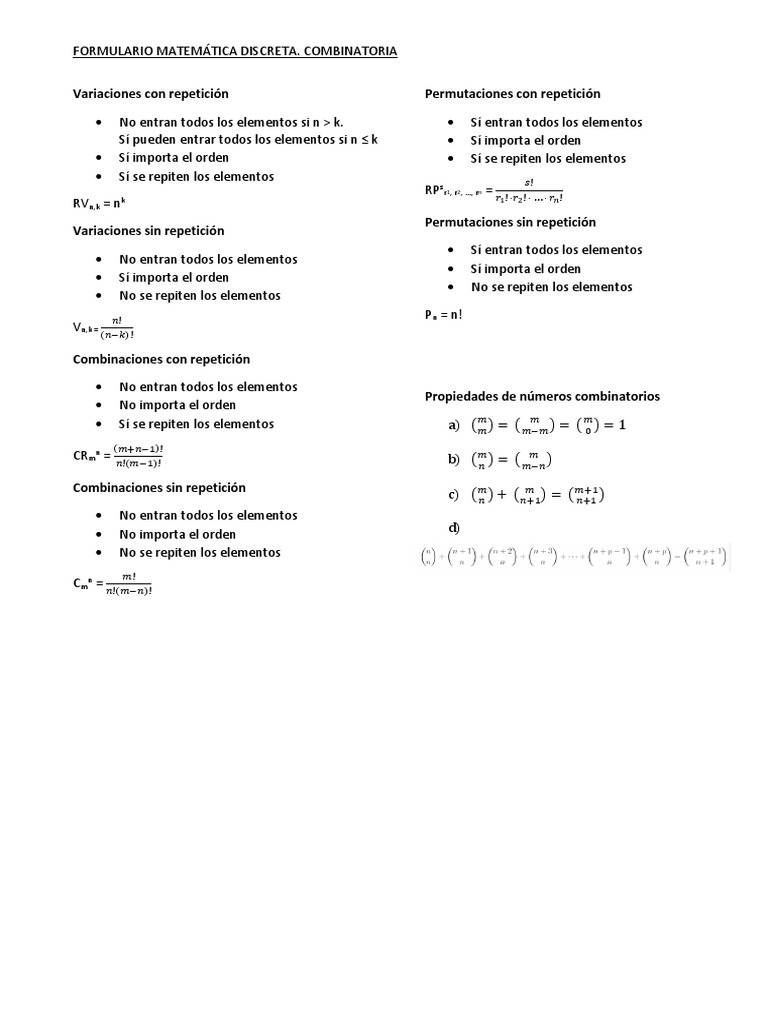 Formulario de Combinatoria Matemática | PDF | Permutación | Combinatoria