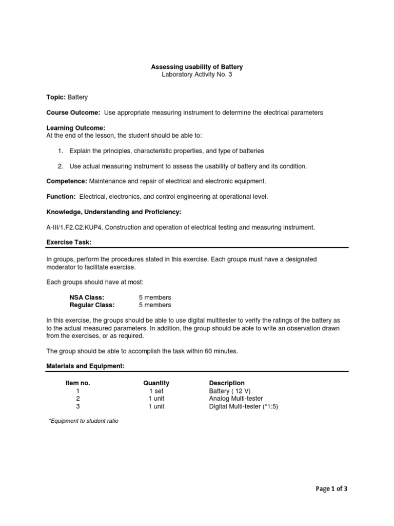 Laboratory Activity No. 3 - Assessing Usability of Battery | PDF ...