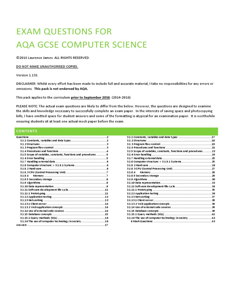 AQA GCSE Computer Science Exam Questions | PDF | Parameter (Computer ...