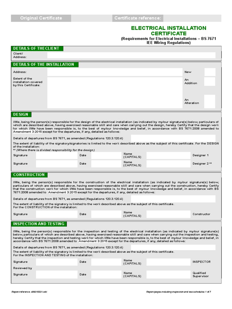Electrical Installation Certificate Green PDF Electrical Wiring