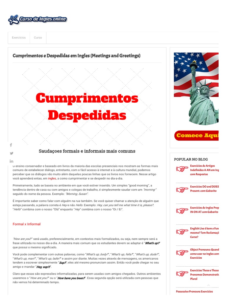 Cumprimentos e Despedidas em Ingles (Meetings and Greetings) -  Cursodeingles - Online | PDF | Língua inglesa