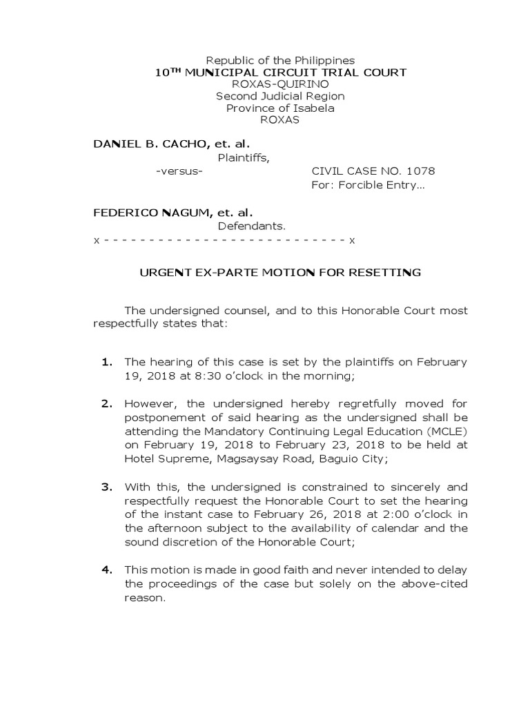 Urgent Motion to Reset Hearing Date | PDF | Common Law | Judiciaries
