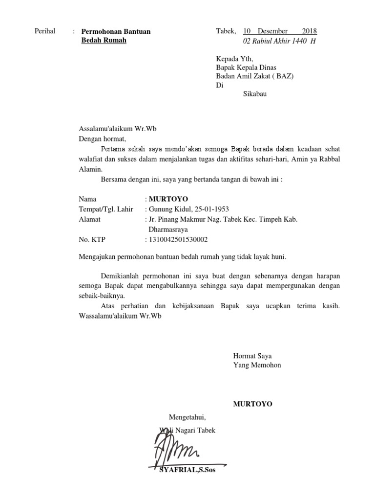 Contoh Surat Permohonan Bumbung Rumah