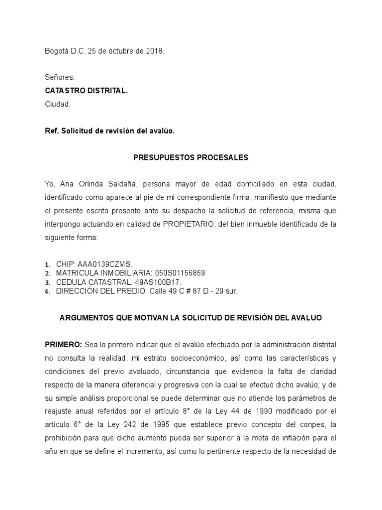 Carta Solicitud Revisión Avaluo Bogotá Gobierno