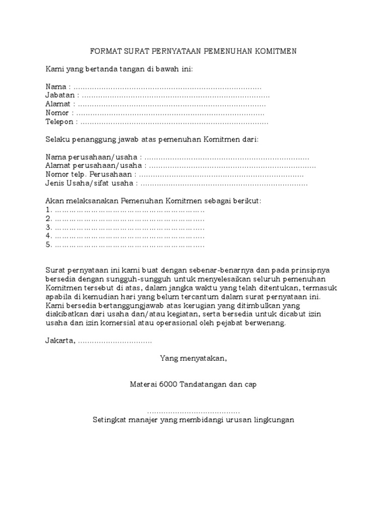 Format Surat Pernyataan Pemenuhan Komitmen Pdf