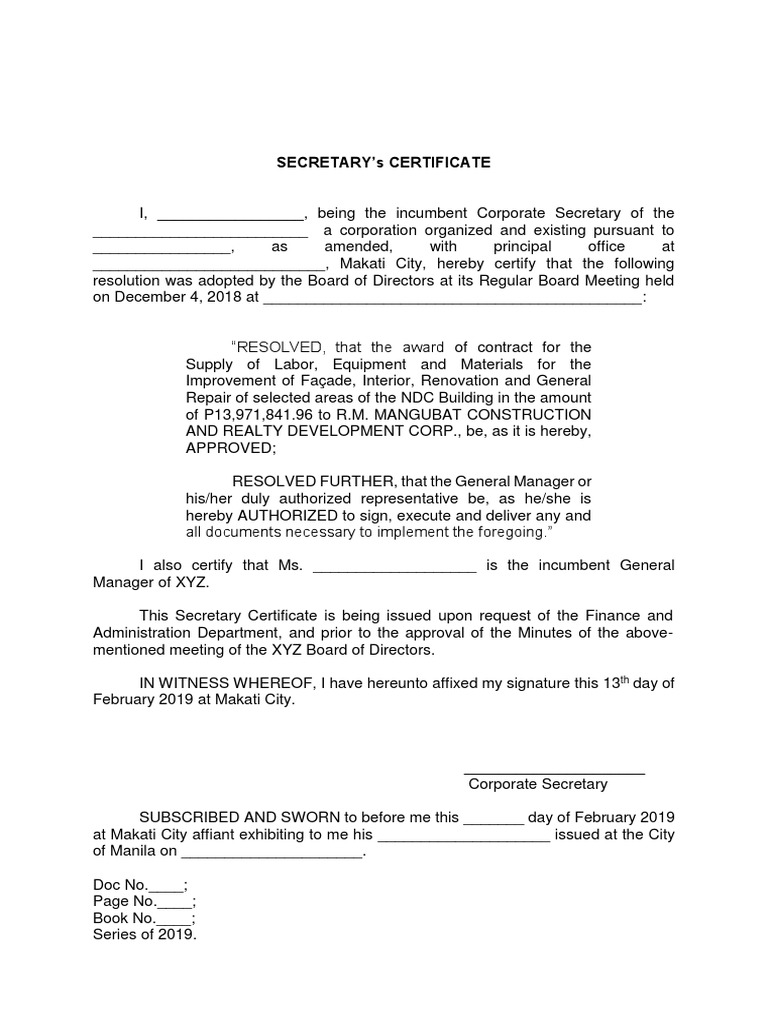 Secretary Certificate for R.M. Mangubat Contract | PDF