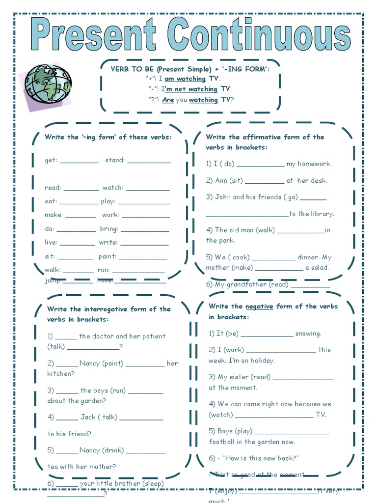 Present Continuous Exercises for Kids | PDF | Morphology | Onomastics