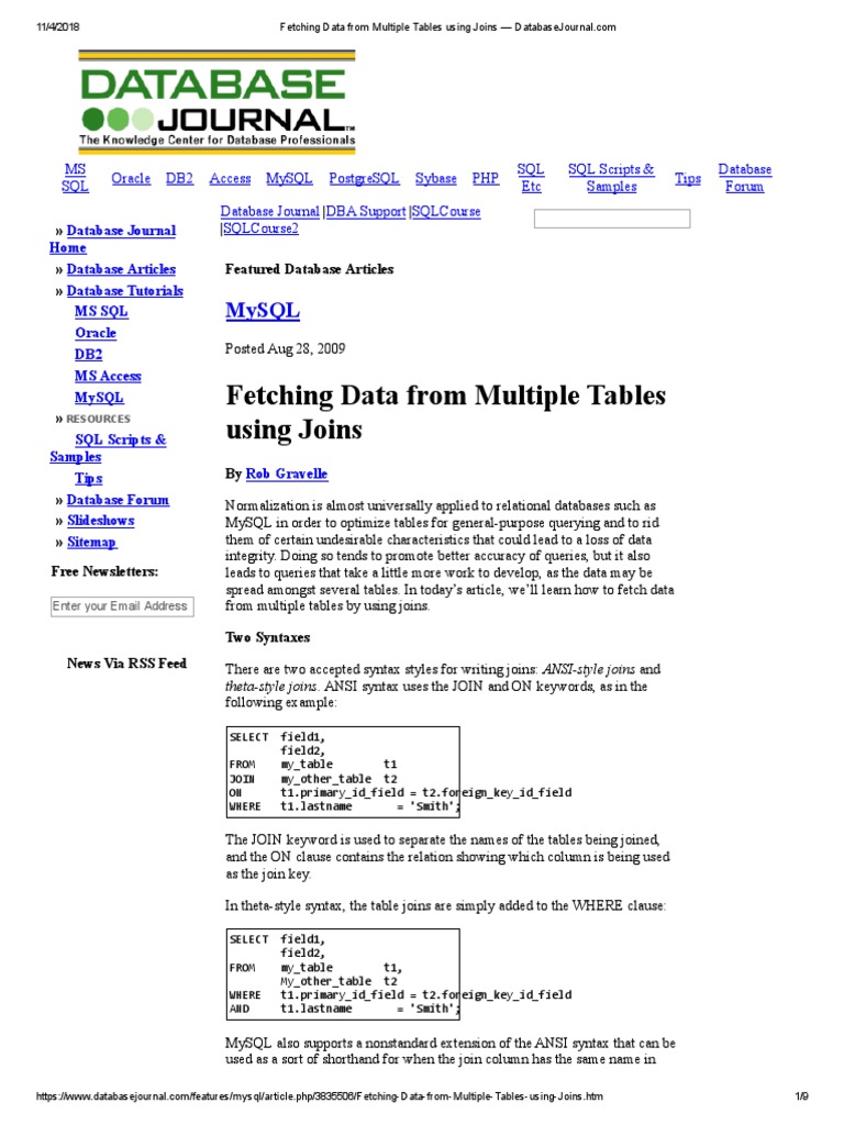 Fetching Data From Multiple Tables Using Joins - DatabaseJournal | PDF ...